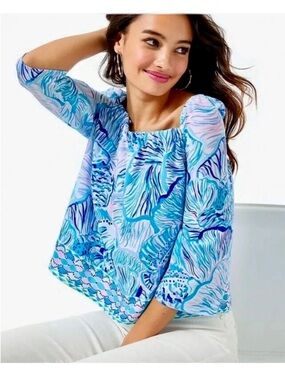 Lilly Pulitzer Lizzie Top SZ XS Bermuda Blue Fishful Thinking